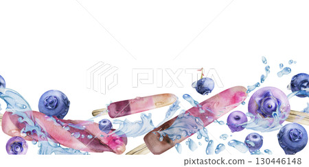 Fruit and berry ice pop lolly with blueberries in water waves, drops splashes. Isolated seamless banner border header hand drawn in watercolor. Frozen menu insert, eco snack label, summer cafe flyer. 130446148