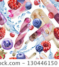 Melting berry popsicle ice lolly with juicy splash, water waves and droplets, raspberry blueberry. Isolated seamless pattern illustration hand drawn in watercolor. Foodie blog asset, natural wrap tile 130446150