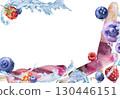 Fruit popsicle with splashing water drops and waves, raspberries and blueberries. Isolated border frame illustration hand drawn in watercolor. Eco snack label, summer promo, tropical dessert branding. 130446151