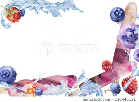 Fruit popsicle with splashing water drops and waves, raspberries and blueberries. Isolated border frame illustration hand drawn in watercolor. Eco snack label, summer promo, tropical dessert branding. 130446151