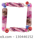 Frozen ice lolly popsicle sorbet dessert and scattered raspberry blueberry berries. Isolated square frame illustration hand drawn in watercolor. Artisan tag, natural product sheet, summer snack art. 130446152