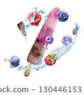 Juicy berry popsicle with scattered raspberries and blueberries in wave swirls of water drops. Isolated illustration hand drawn in watercolor. Organic treat branding, fruit box art, packaging stickers 130446153