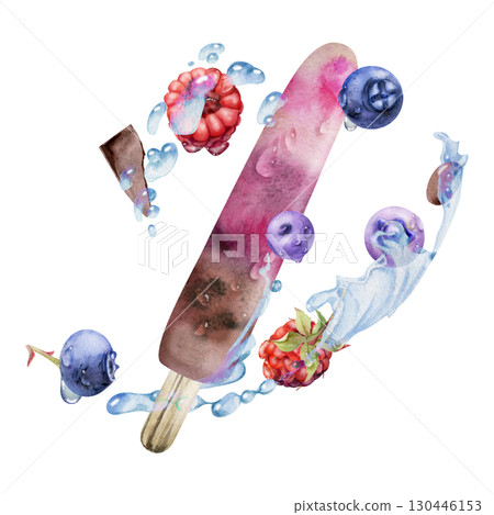 Juicy berry popsicle with scattered raspberries and blueberries in wave swirls of water drops. Isolated illustration hand drawn in watercolor. Organic treat branding, fruit box art, packaging stickers 130446153