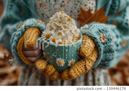 Autumn Cozy Warmth with Whipped Cream Hot Beverage and Knitted Mittens Generative AI Autumn Cozy Warmth with Whipped Cream Hot Beverage and Knitted Mittens Generative AI 130446176