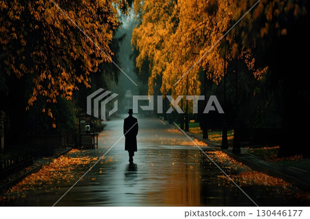 Mysterious Autumn Stroll: Solitary Figure in Rain on Leaf-Lined Pathway Generative AI Mysterious Autumn Stroll: Solitary Figure in Rain on Leaf-Lined Pathway Generative AI 130446177
