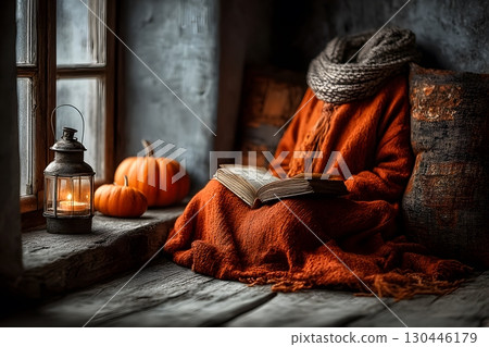 Cozy Autumn Reading Nook with Pumpkins and Lantern for Seasonal Relaxation Generative AI Cozy Autumn Reading Nook with Pumpkins and Lantern for Seasonal Relaxation Generative AI 130446179