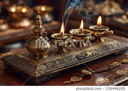 Intricate Brass Candle Holder with Incense Smoke for Traditional Festive Decor Generative AI 130446200