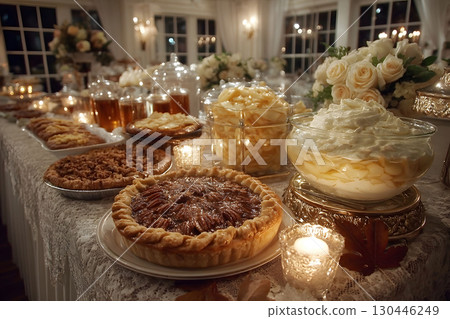 Elegant Autumn Buffet with Pies and Desserts at Candlelit Celebration Generative AI 130446249