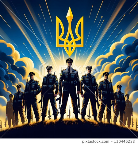 Silhouettes of Ukrainian defenders with national emblem Tryzub and flag colors Silhouettes of Ukrainian defenders with national emblem Tryzub and flag colors 130446258