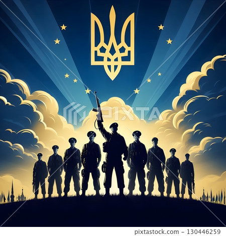 Silhouettes of Ukrainian defenders with national emblem Tryzub and flag colors Silhouettes of Ukrainian defenders with national emblem Tryzub and flag colors 130446259