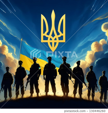Silhouettes of Ukrainian defenders with national emblem Tryzub and flag colors 130446260