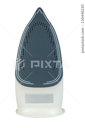 Pink and White Cordless Steam Iron Showing Soleplate on a White Background 130446285