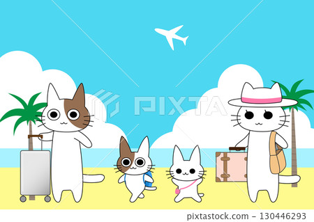貓咪家族和飛機角色前往熱帶度假勝地 | 貓咪、家庭、旅行、飛機、熱帶、度假勝地、海灘 130446293