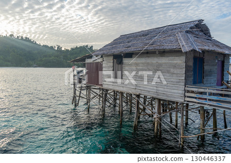 Fishermen houses in Bajo village of Pulau Papan Sulawesi Indonesia 130446337