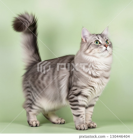 Portrait of a Siberian Maine Coon standing against a white background | Pets and Animals Stock Photo Gray 130446404
