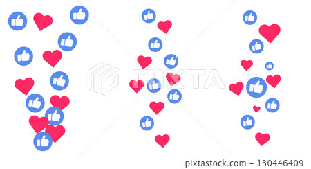 Flying hearts doodle icons vector set with social media reaction like love emoji comment background colorful internet bubble post confetti celebration feedback stream layout pattern design Flying hearts doodle icons vector set with social media reaction like love emoji comment background colorful internet bubble post confetti celebration feedback stream layout pattern design 130446409