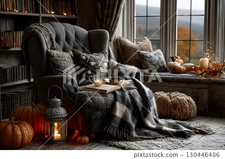Cozy Autumn Reading Nook with Warm Lighting and Seasonal Decor for Serene Relaxation Generative AI 130446486