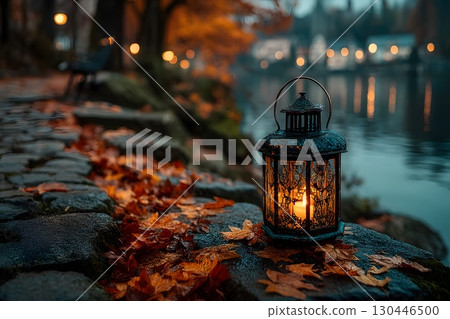 Enchanting Autumn Evening by the River with Lanterns and Fallen Leaves Generative AI 130446500