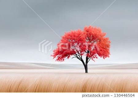 Vibrant Red Tree in Serene Landscape for Nature Art and Design Generative AI 130446504