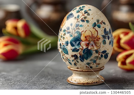 Easter Floral Egg Decor with Tulips for Spring Celebration and Home Design Generative AI 130446505