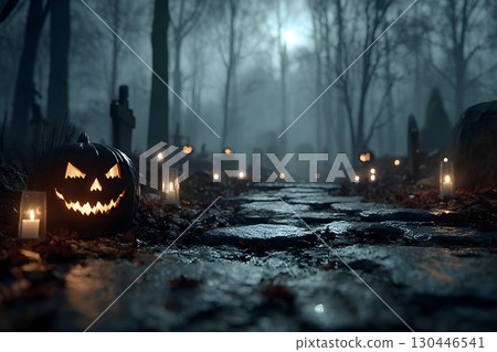Spooky Halloween Night in a Foggy Graveyard with Jack-o'-Lanterns and Candles Generative AI 130446541
