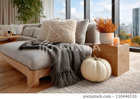 Cozy Autumn Decor with Knitted Textures and Seasonal Accents for Home Interior Generative AI Cozy Autumn Decor with Knitted Textures and Seasonal Accents for Home Interior Generative AI 130446550