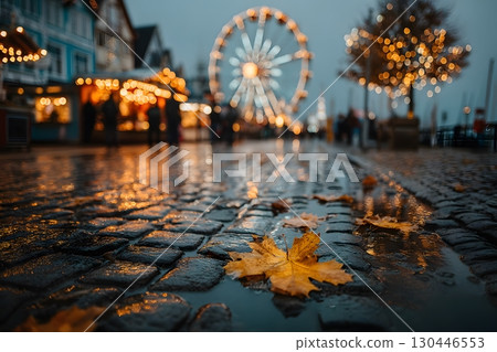 Autumn Evening at Festive Fair with Ferris Wheel and Bright Lights Generative AI 130446553