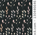Vector seamless pattern with delicate floral branches in pastel colors on dark background. Elegant rustic botanical texture 130446646
