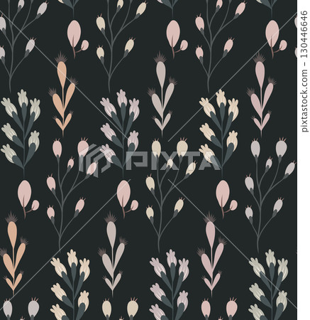 Vector seamless pattern with delicate floral branches in pastel colors on dark background. Elegant rustic botanical texture Vector seamless pattern with delicate floral branches in pastel colors on dark background. Elegant rustic botanical texture 130446646