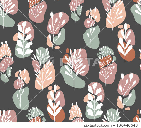 Vector seamless pattern with abstract botanical silhouettes and colorful shapes. Scandi floral texture in modern minimalism 130446648