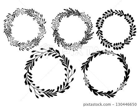 Vector set of black silhouette of floral wreaths. Collection of circle frames in elegant botanical design. Minimal flat style 130446650