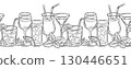 Vector seamless border with cocktail glasses, lemon slices, and mint leaves. Monochrome horizontal friezes with drinks in contour style. 130446651
