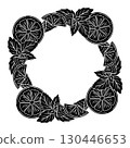 Vector monochrome circle frame with doodle mint leaves, orange slices and copy space. Wreath with black silhouette of peppermint and lemons 130446653