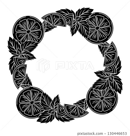 Vector monochrome circle frame with doodle mint leaves, orange slices and copy space. Wreath with black silhouette of peppermint and lemons Vector monochrome circle frame with doodle mint leaves, orange slices and copy space. Wreath with black silhouette of peppermint and lemons 130446653