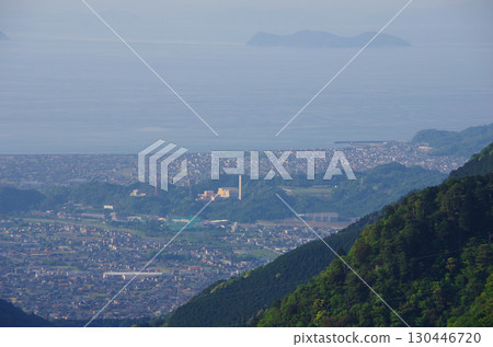 View of Niihama city from the Tonodaira area of the former Besshi Copper Mine in Ehime Prefecture 130446720