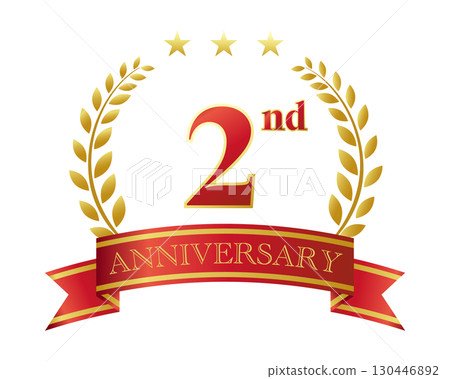 2nd anniversary icon. Red ribbon and decorative frame. 130446892