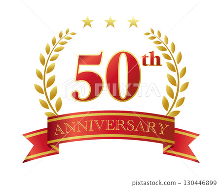 50週年紀念標誌。紅色絲帶和裝飾框。 130446899