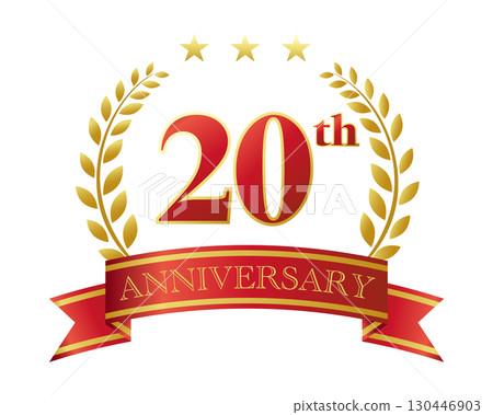 20th anniversary icon. Red ribbon and decorative frame. 130446903
