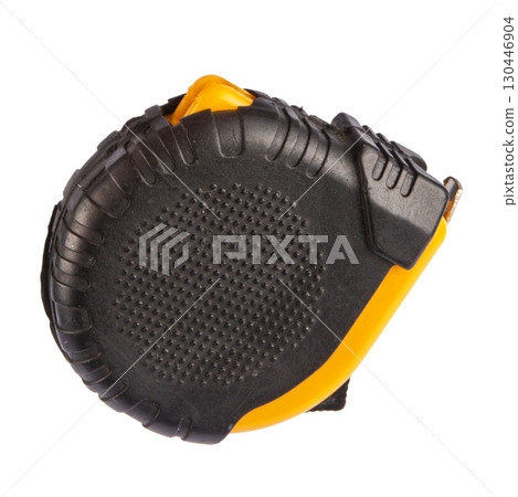 Yellow tape measure on white background. 130446904
