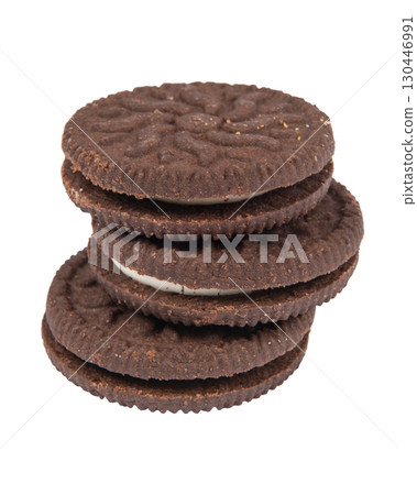 Brown chocolate chip cookie isolated on white background. Brown chocolate chip cookie isolated on white background. 130446991