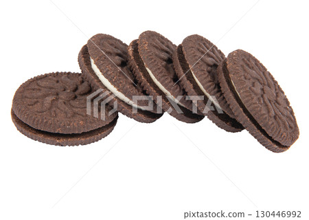 Brown chocolate chip cookie isolated on white background. 130446992