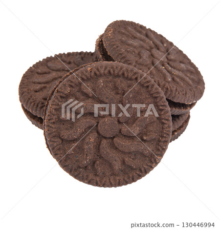 Brown chocolate chip cookie isolated on white background. Brown chocolate chip cookie isolated on white background. 130446994
