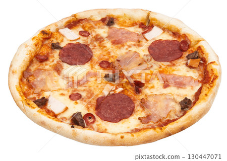 Slice of salami pizza isolated on a white background. Sliced pizza overhead view. Slice of salami pizza isolated on a white background. Sliced pizza overhead view. 130447071