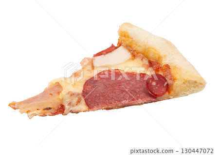 Slice of salami pizza isolated on a white background. Sliced pizza overhead view. Slice of salami pizza isolated on a white background. Sliced pizza overhead view. 130447072
