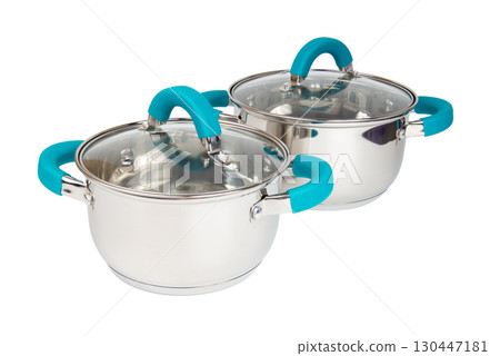 Set of for stainless steel cooking pot isolated over white background with clipping path. Set of for stainless steel cooking pot isolated over white background with clipping path. 130447181