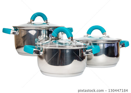 Set of for stainless steel cooking pot isolated over white background with clipping path. Set of for stainless steel cooking pot isolated over white background with clipping path. 130447184