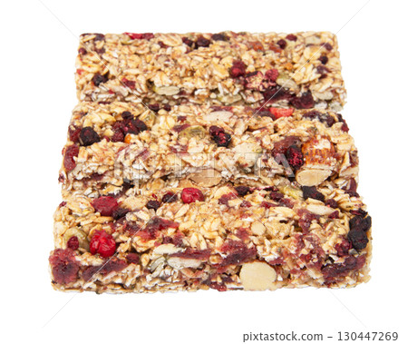 Granola bar cereal superfood energy nuts with berries isolated on white background 130447269
