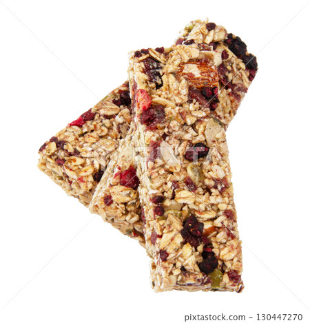 Granola bar cereal superfood energy nuts with berries isolated on white background 130447270