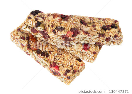Granola bar cereal superfood energy nuts with berries isolated on white background 130447271