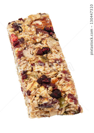 Granola bar cereal superfood energy nuts with berries isolated on white background Granola bar cereal superfood energy nuts with berries isolated on white background 130447310